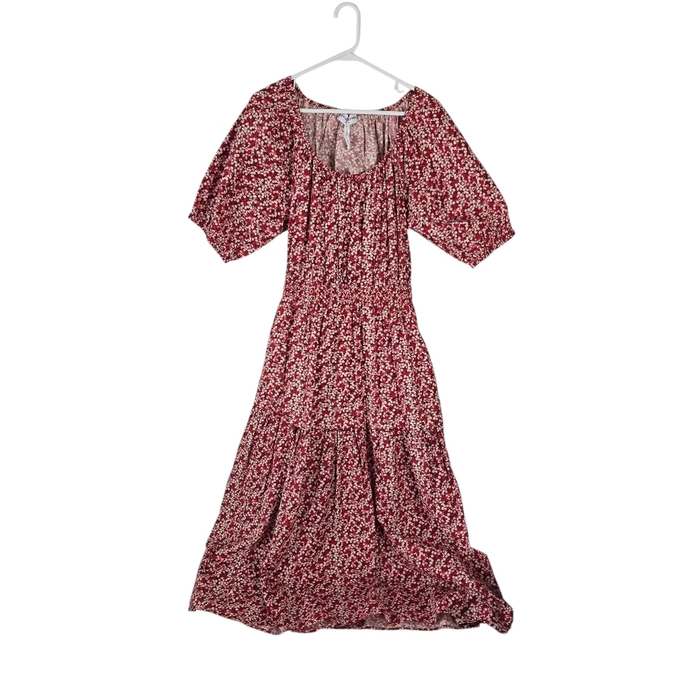 Apiece Apart Nova Red Floral Midi Dress M Organic Cotton Cut Out Back Pockets - Picture 2 of 16